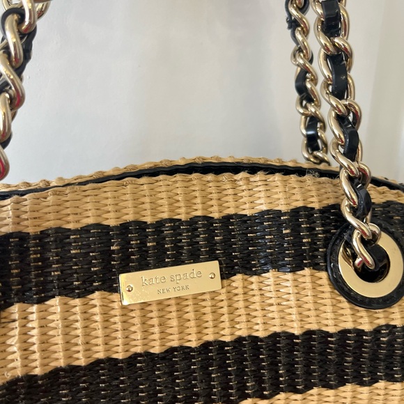 Kate Spade Black and Tan Wicker Straw Rattan Striped Tote - Picture 3 of 9
